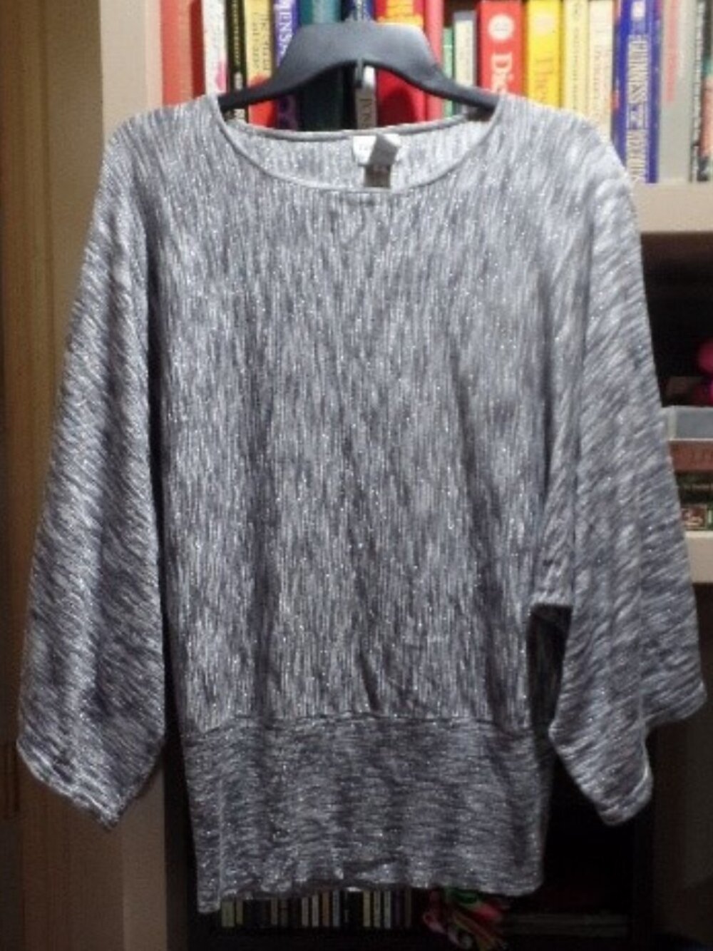 Chico's gray lurex striped blouson top with raglan sleeves
